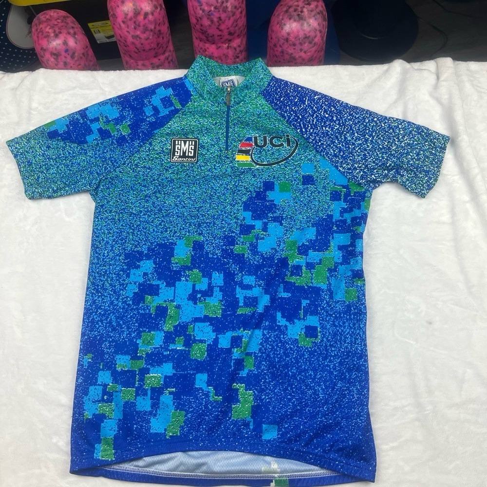 Santini Cycling Full-Zip Jacket & Shirt L Blue Green Pixelated Set Made in Italy - Picture 11 of 16